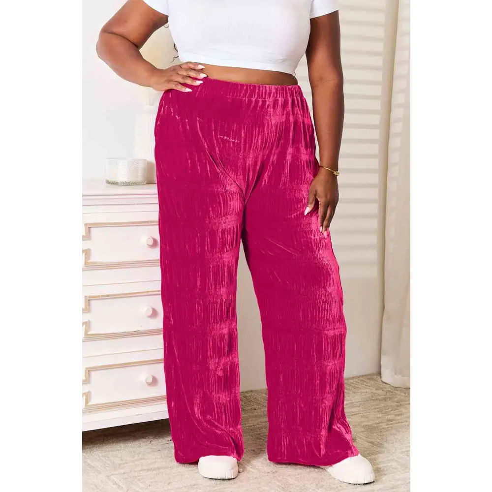 Double Take Full Size High Waist Tiered Shirring Velvet Wide Leg Pants - Madi Gray Boutique