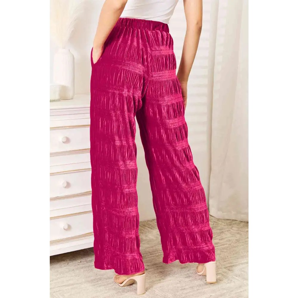 Double Take Full Size High Waist Tiered Shirring Velvet Wide Leg Pants - Madi Gray Boutique