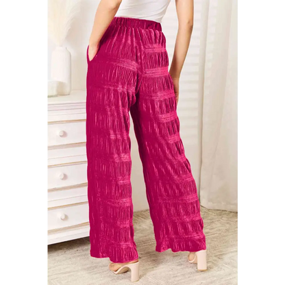 Double Take Full Size High Waist Tiered Shirring Velvet Wide Leg Pants - Madi Gray Boutique