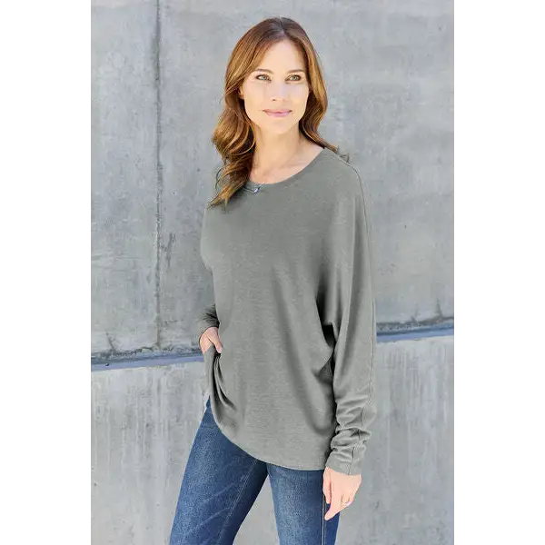 Double Take Full Size Round Neck Long Sleeve T-Shirt - Madi Gray Boutique