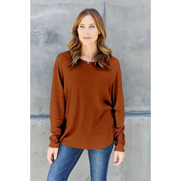 Double Take Full Size Round Neck Long Sleeve T-Shirt - Madi Gray Boutique