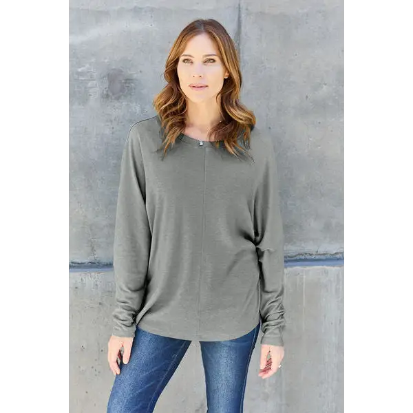 Double Take Full Size Round Neck Long Sleeve T-Shirt - Madi Gray Boutique