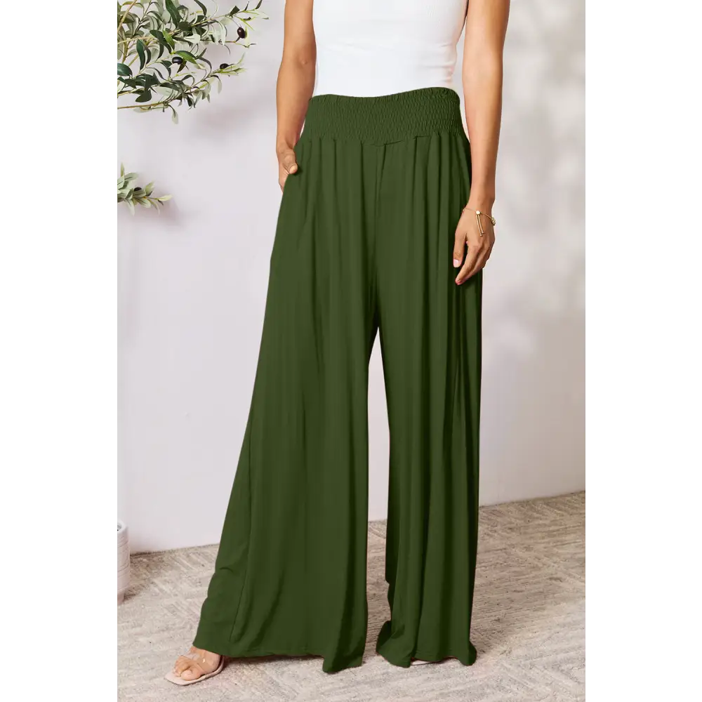 Double Take Full Size Smocked Wide Waistband Wide Leg Pants - Army Green / S - Bottoms