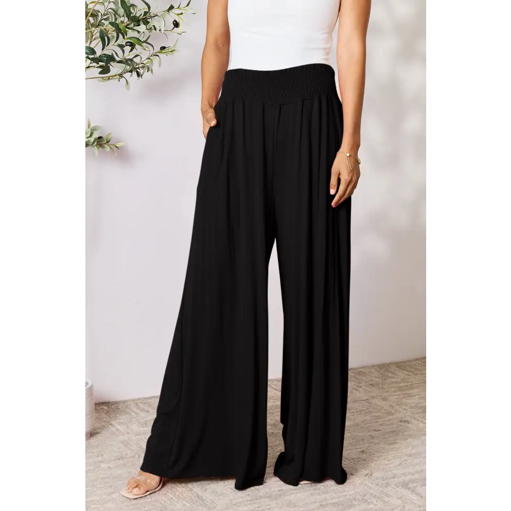 Double Take Full Size Smocked Wide Waistband Wide Leg Pants - Black / S - Bottoms