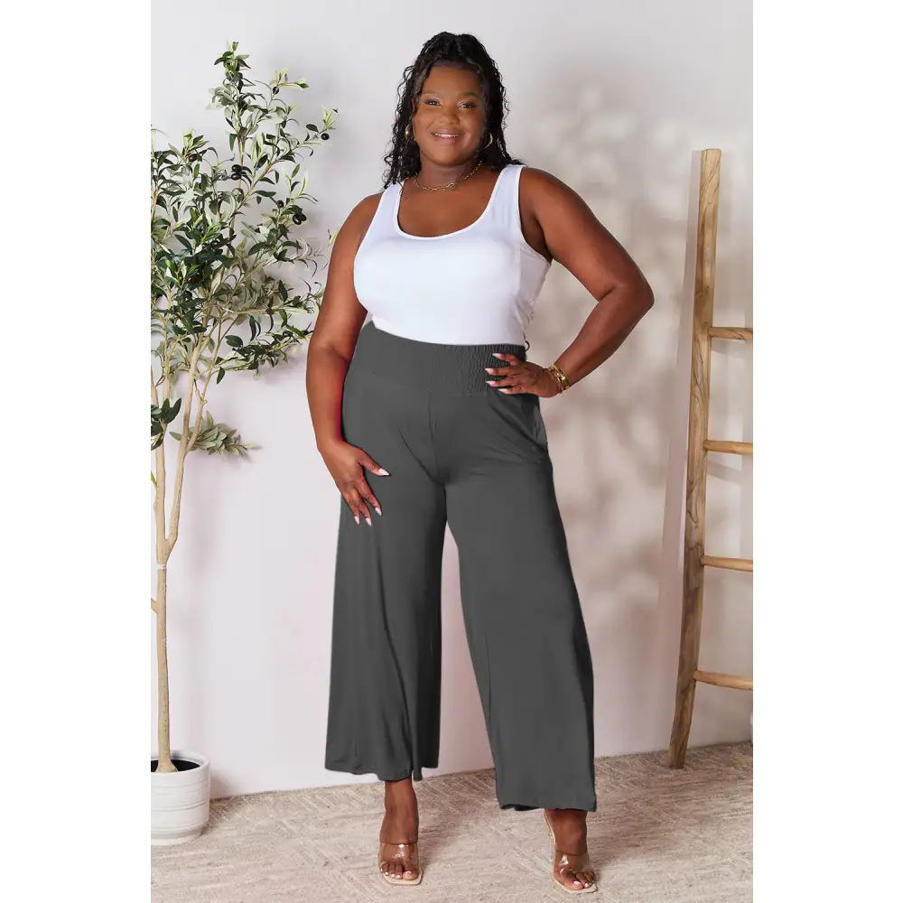 Double Take Full Size Smocked Wide Waistband Wide Leg Pants - Bottoms