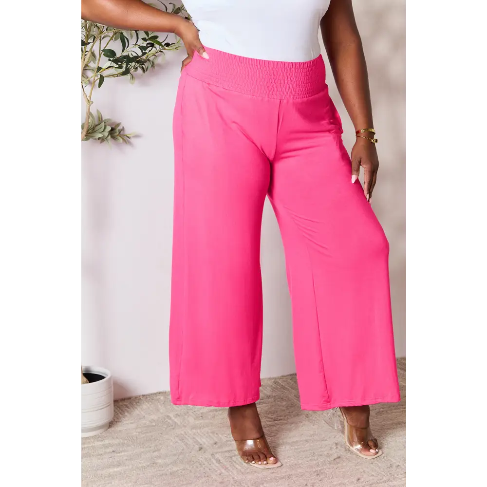 Double Take Full Size Smocked Wide Waistband Wide Leg Pants - Bottoms