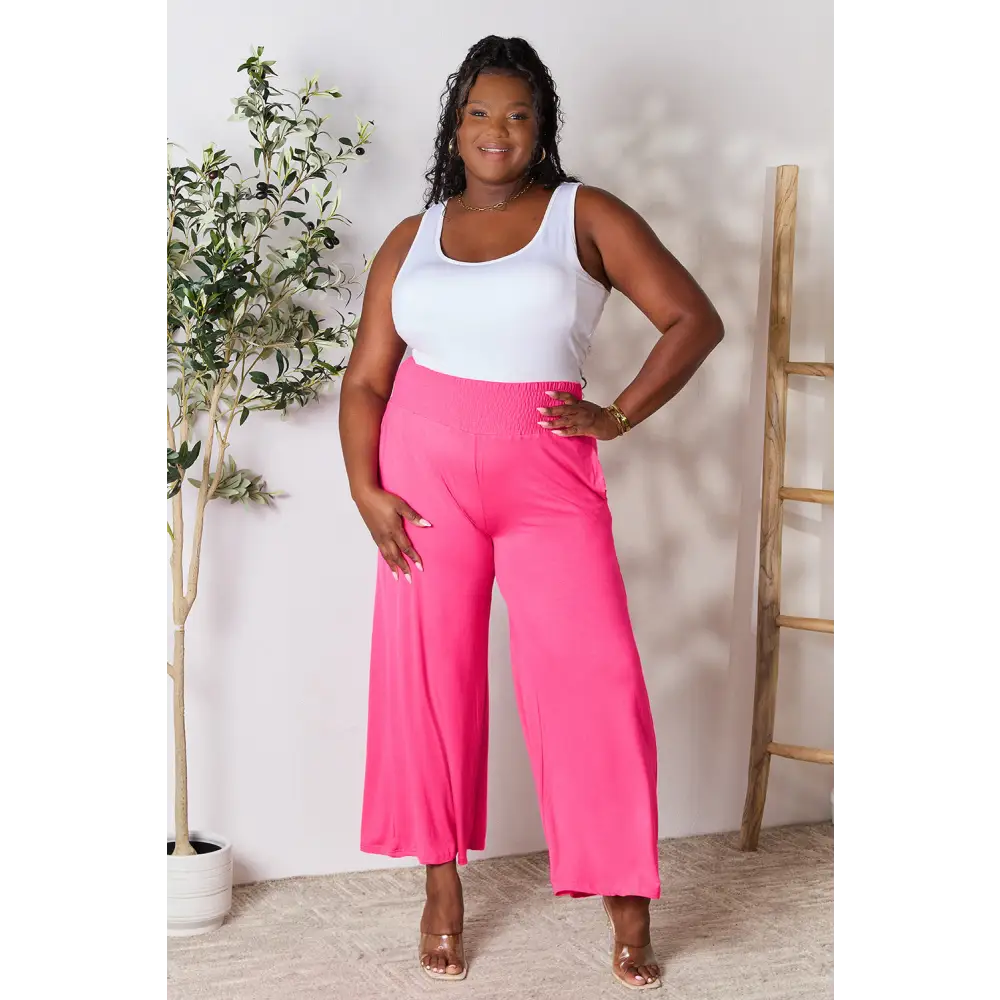 Double Take Full Size Smocked Wide Waistband Wide Leg Pants - Bottoms