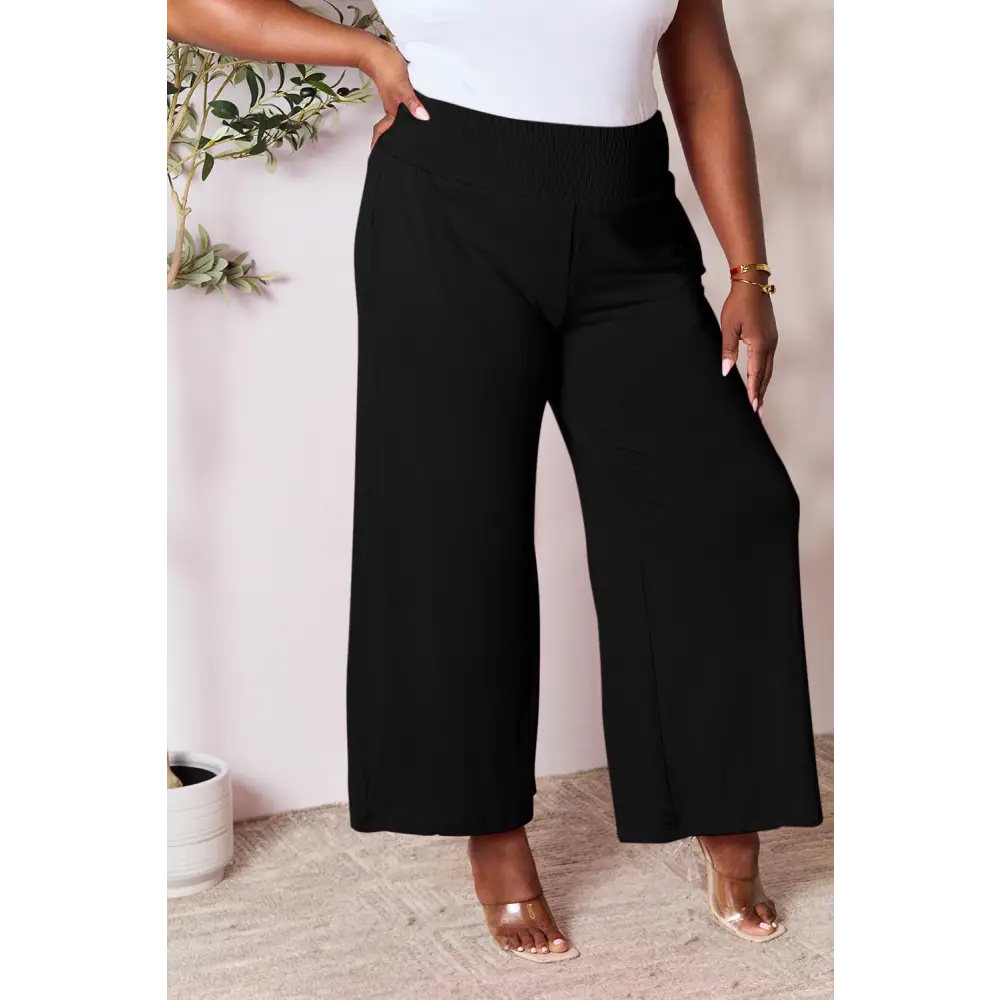 Double Take Full Size Smocked Wide Waistband Wide Leg Pants - Bottoms