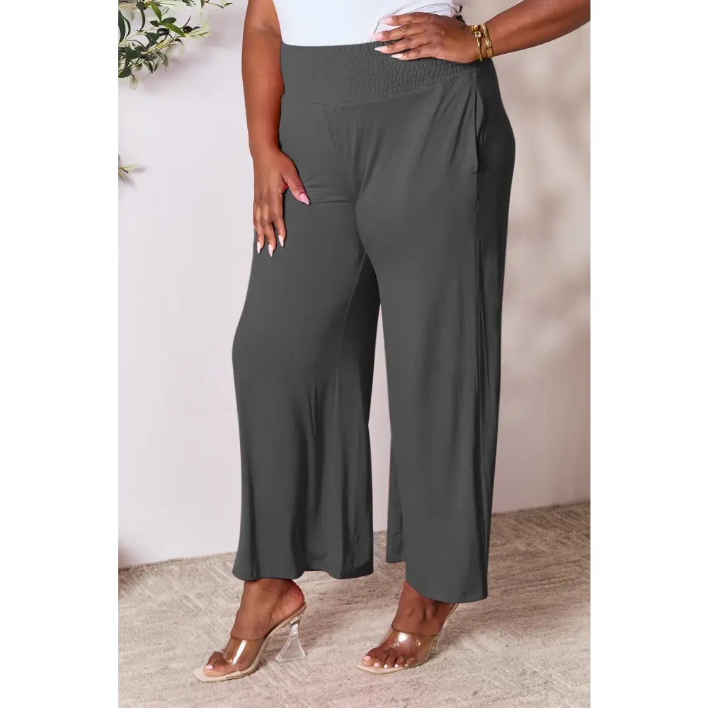 Double Take Full Size Smocked Wide Waistband Wide Leg Pants - Bottoms