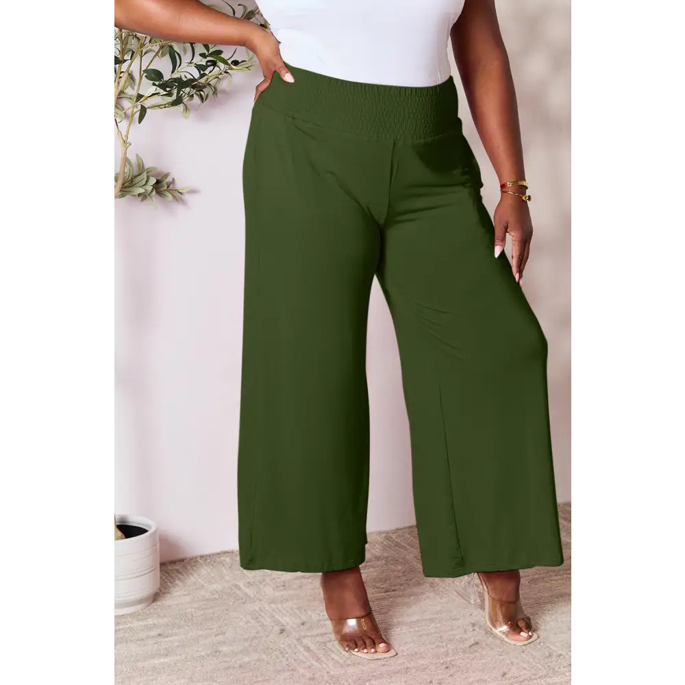 Double Take Full Size Smocked Wide Waistband Wide Leg Pants - Bottoms