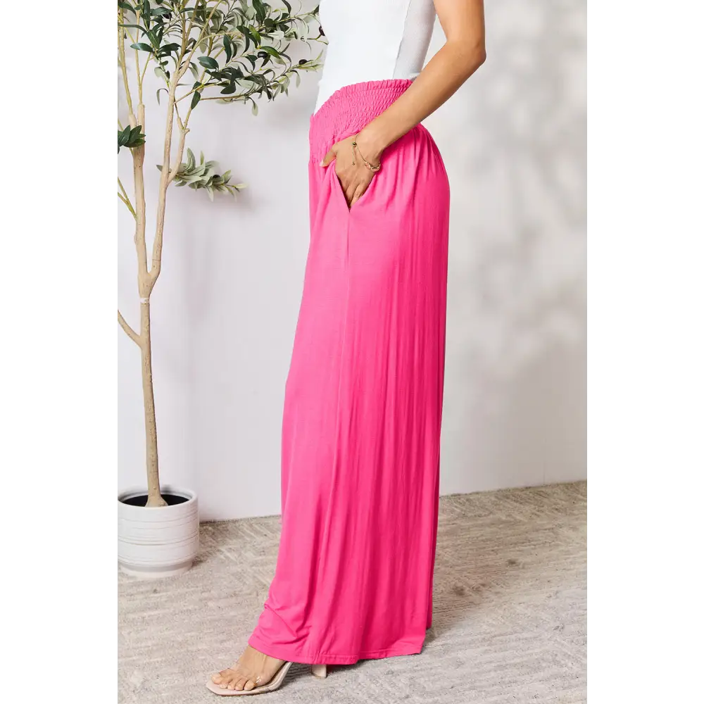 Double Take Full Size Smocked Wide Waistband Wide Leg Pants - Bottoms