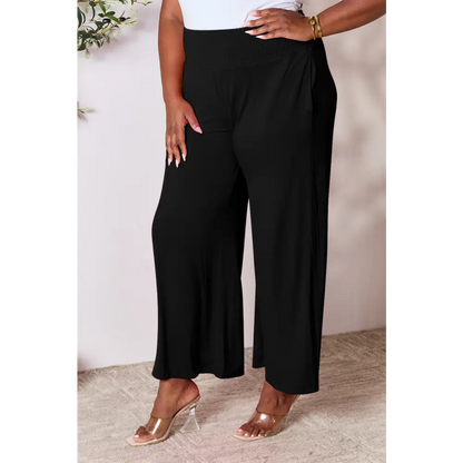 Double Take Full Size Smocked Wide Waistband Wide Leg Pants - Bottoms