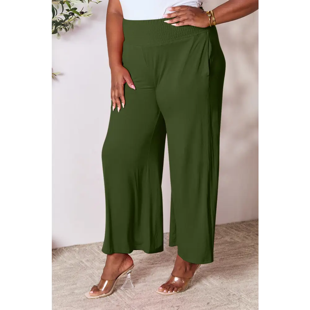 Double Take Full Size Smocked Wide Waistband Wide Leg Pants - Bottoms