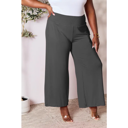 Double Take Full Size Smocked Wide Waistband Wide Leg Pants - Bottoms