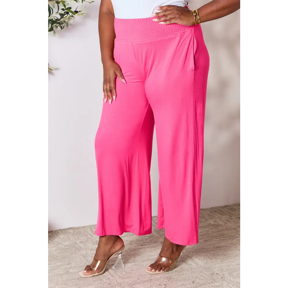 Double Take Full Size Smocked Wide Waistband Wide Leg Pants - Bottoms