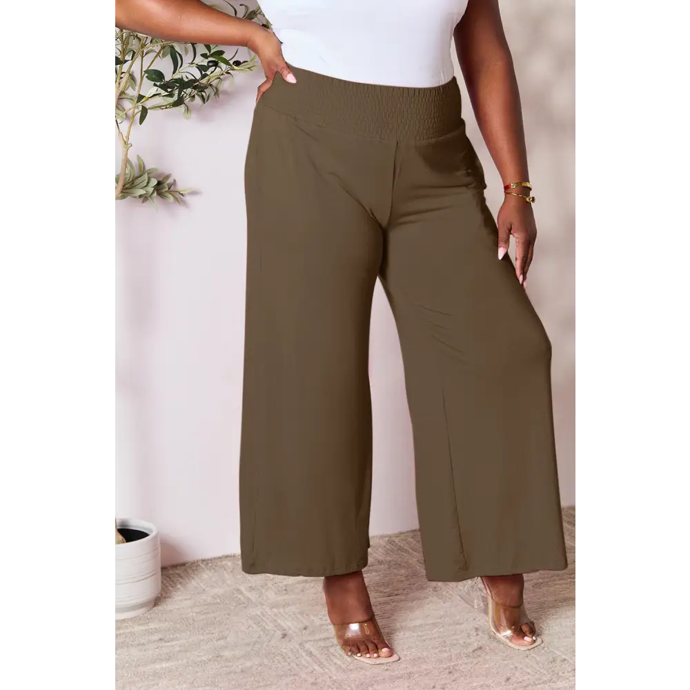 Double Take Full Size Smocked Wide Waistband Wide Leg Pants - Bottoms