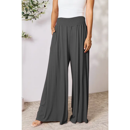 Double Take Full Size Smocked Wide Waistband Wide Leg Pants - Charcoal / S - Bottoms