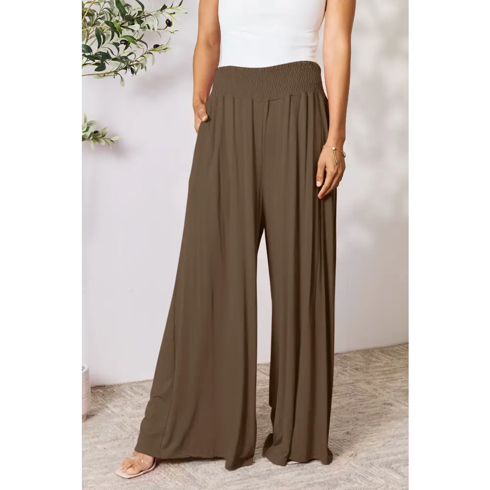 Double Take Full Size Smocked Wide Waistband Wide Leg Pants - Coffee Brown / S - Bottoms