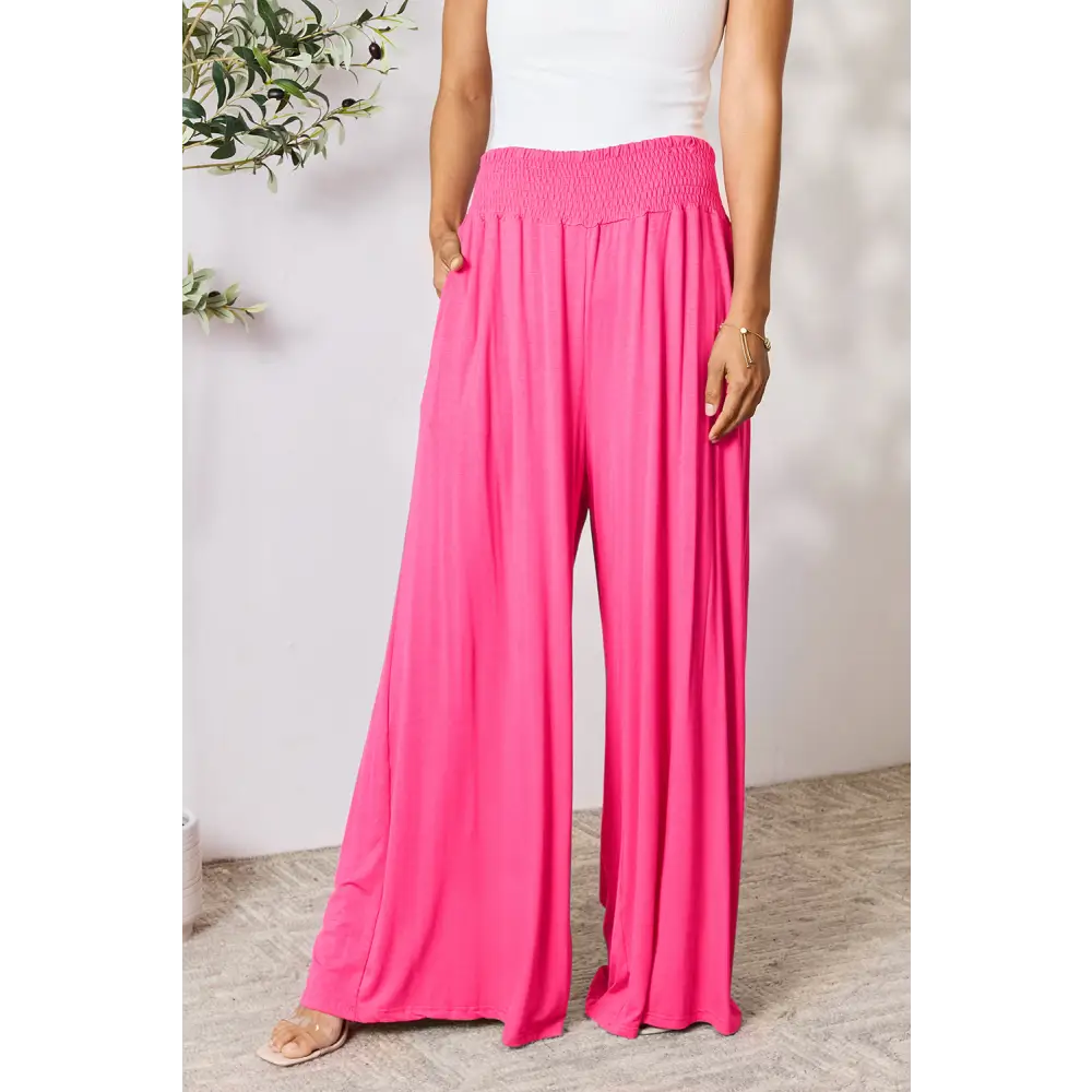 Double Take Full Size Smocked Wide Waistband Wide Leg Pants - Hot Pink / S - Bottoms