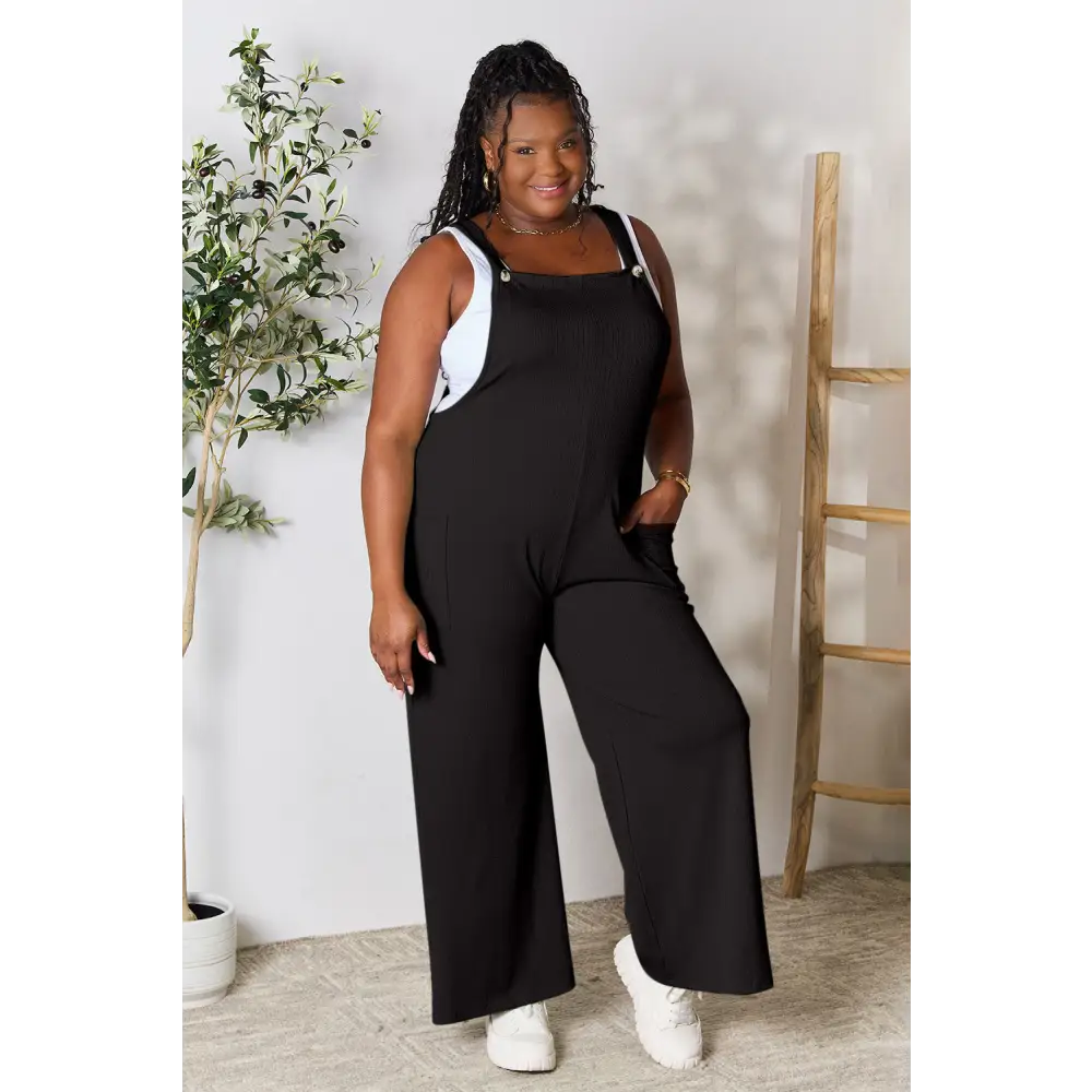 Double Take Full Size Wide Strap Overall with Pockets - Black / S - Bottoms