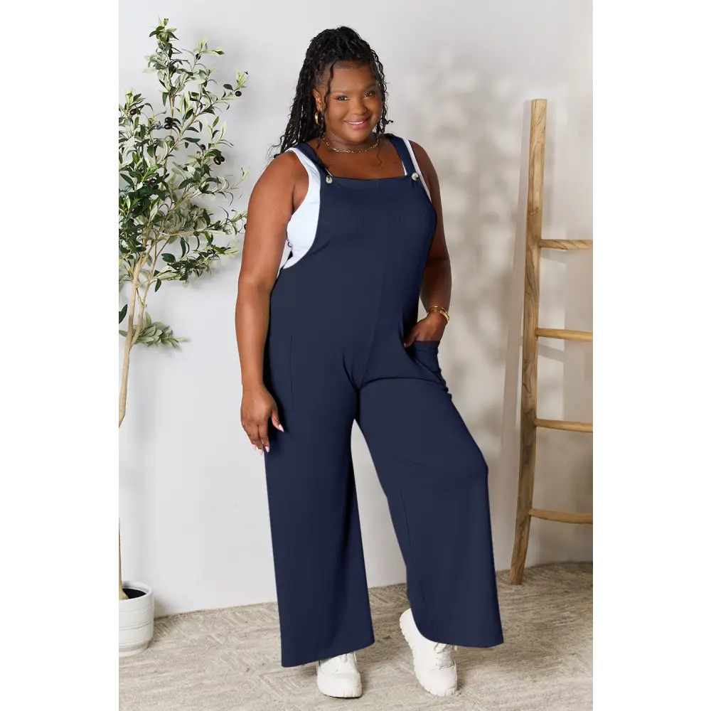 Double Take Full Size Wide Strap Overall with Pockets - Dark Navy / S - Bottoms