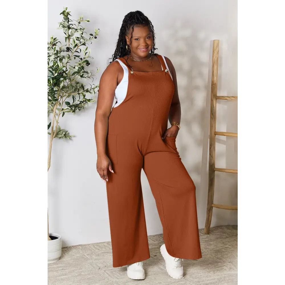 Double Take Full Size Wide Strap Overall with Pockets - Ochre / S - Bottoms