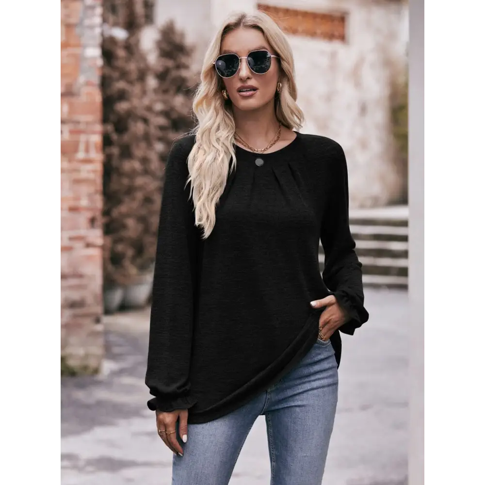 Double Take Long Flounce Sleeve Round Neck Blouse - Madi Gray Boutique