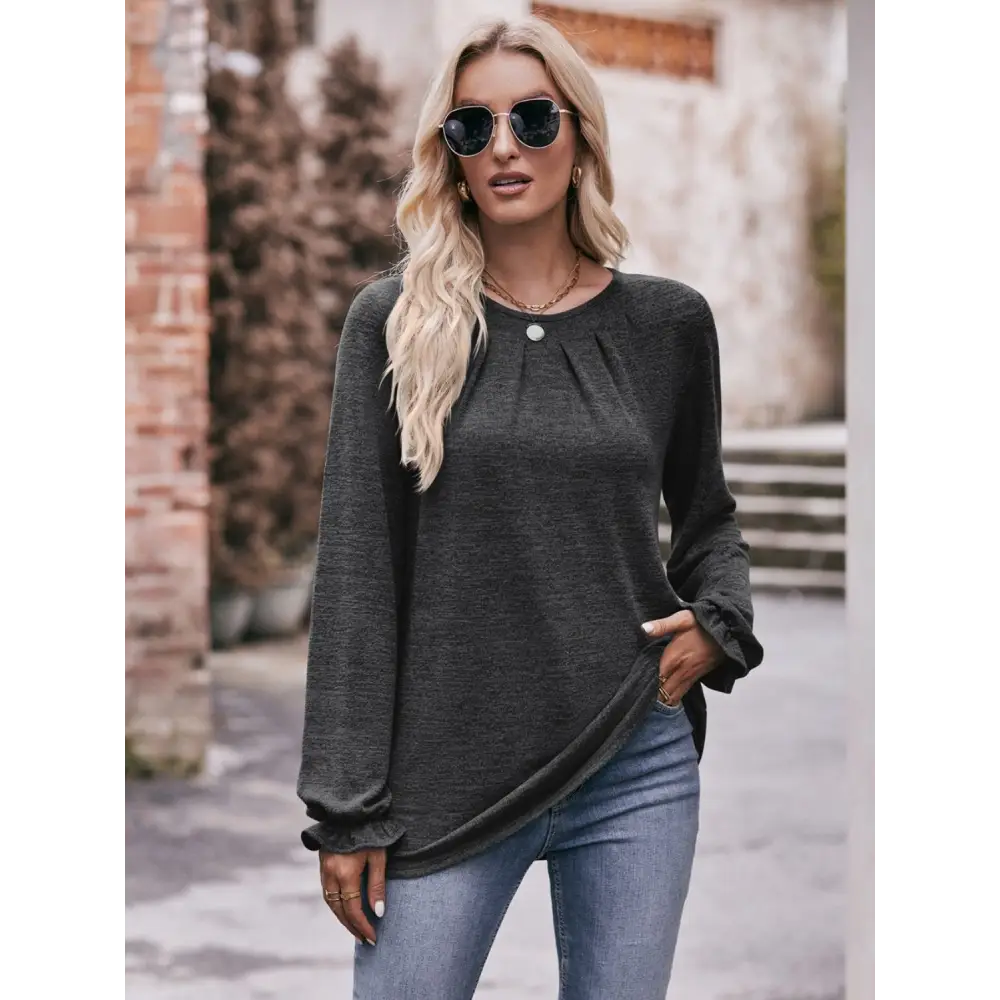 Double Take Long Flounce Sleeve Round Neck Blouse - Madi Gray Boutique