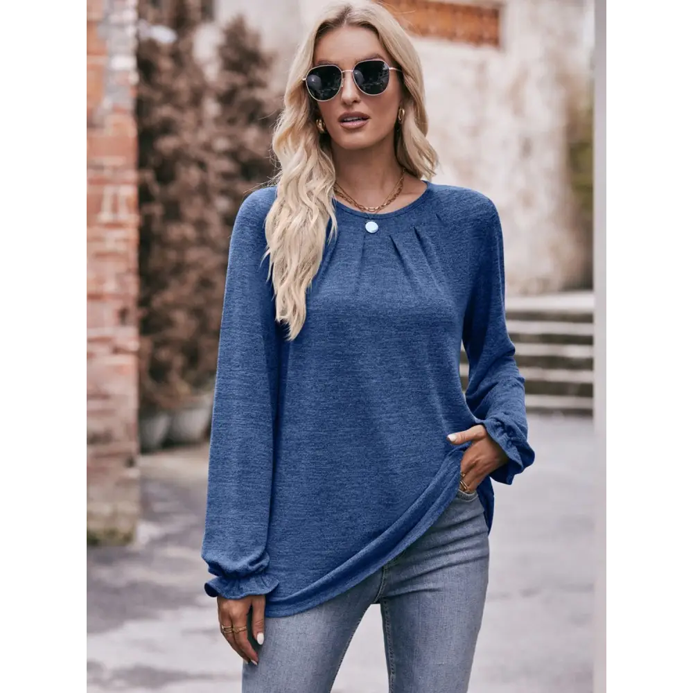 Double Take Long Flounce Sleeve Round Neck Blouse - Madi Gray Boutique