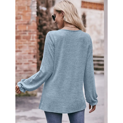 Double Take Long Flounce Sleeve Round Neck Blouse - Madi Gray Boutique