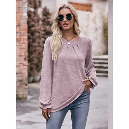 Double Take Long Flounce Sleeve Round Neck Blouse - Madi Gray Boutique