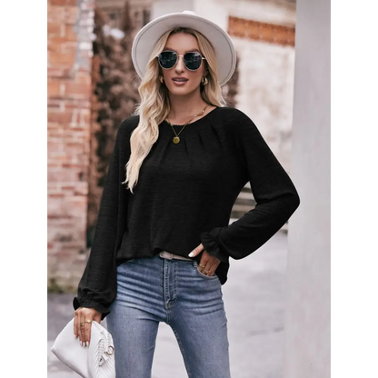 Double Take Long Flounce Sleeve Round Neck Blouse - Madi Gray Boutique