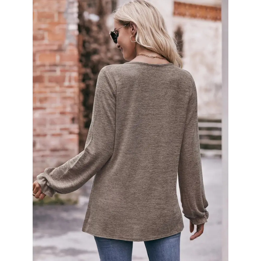 Double Take Long Flounce Sleeve Round Neck Blouse - Madi Gray Boutique