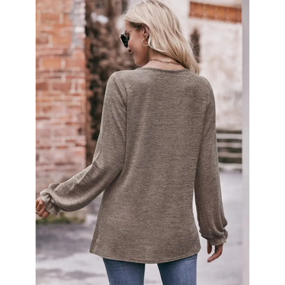 Double Take Long Flounce Sleeve Round Neck Blouse - Madi Gray Boutique