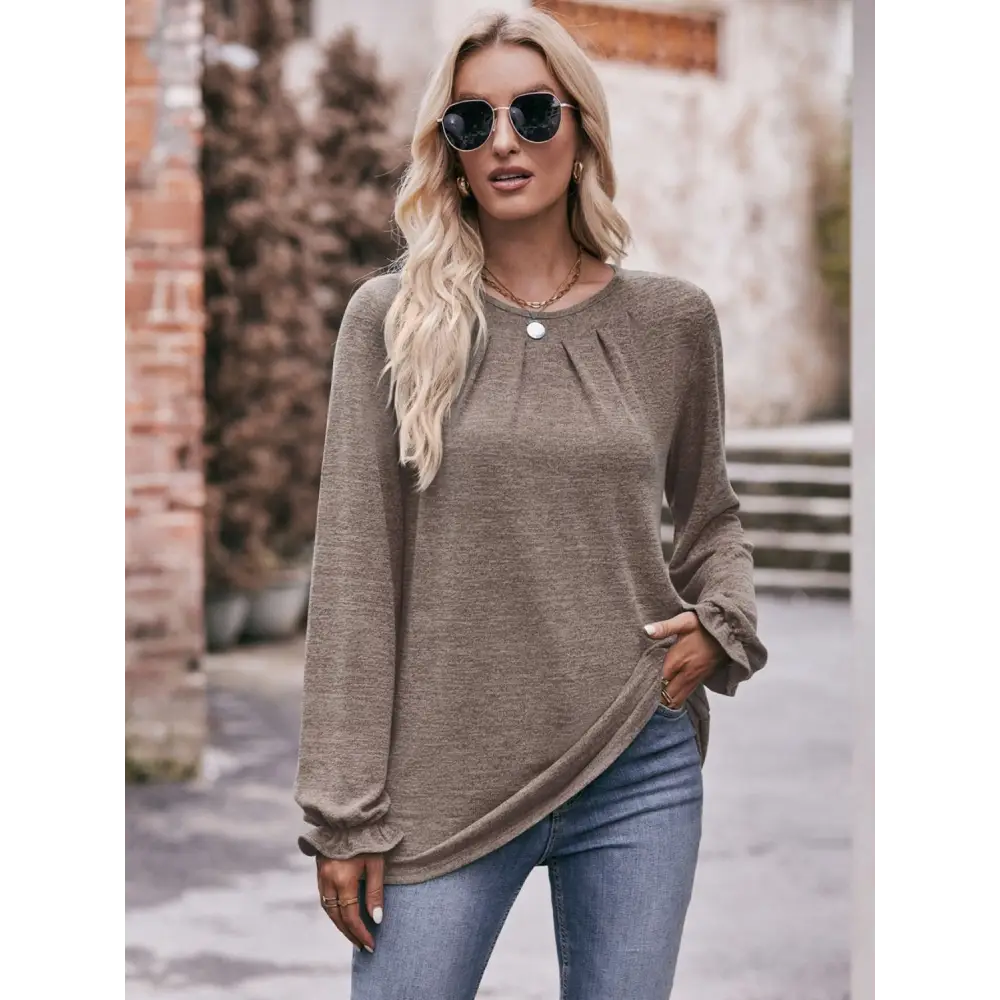 Double Take Long Flounce Sleeve Round Neck Blouse - Madi Gray Boutique