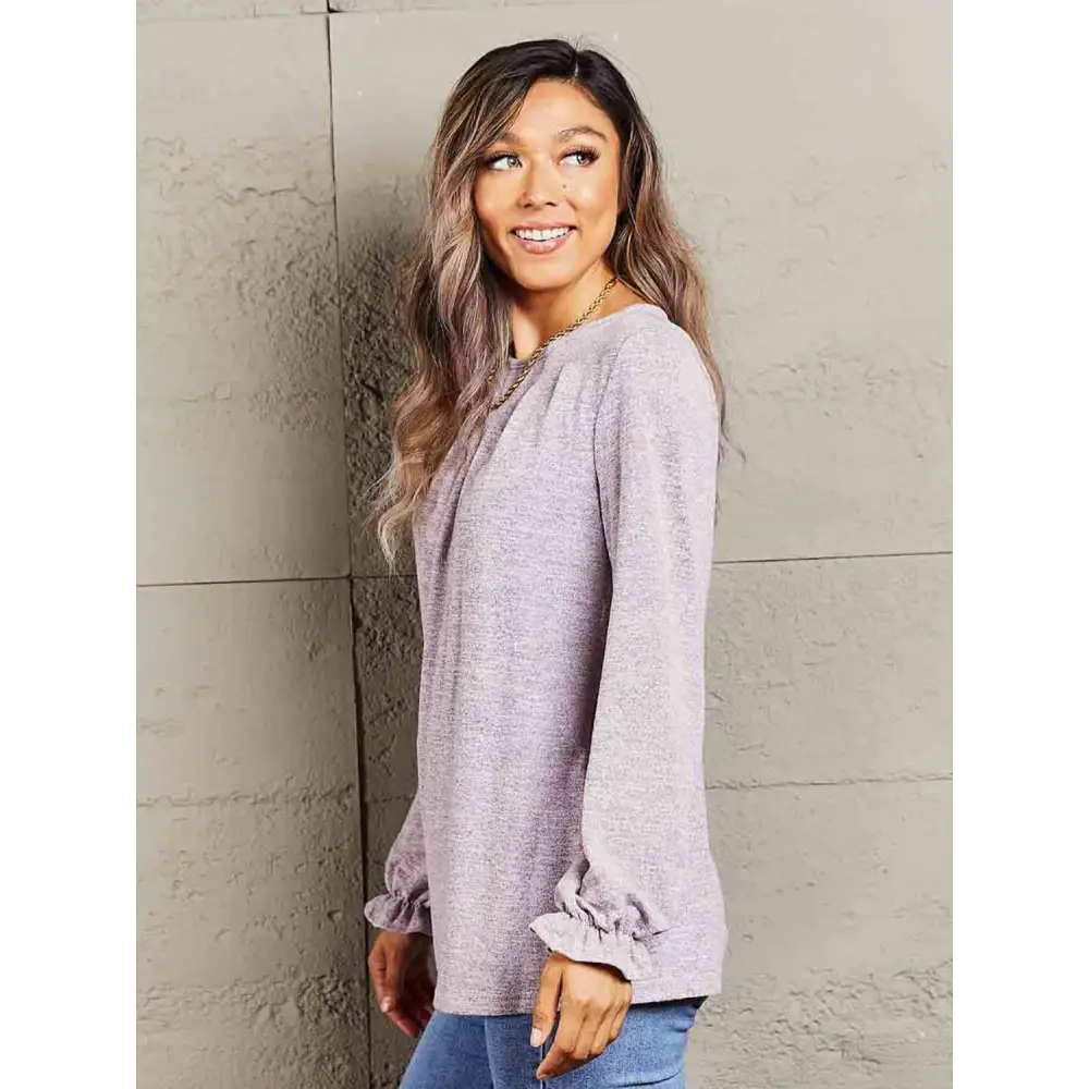 Double Take Long Flounce Sleeve Round Neck Blouse - Madi Gray Boutique