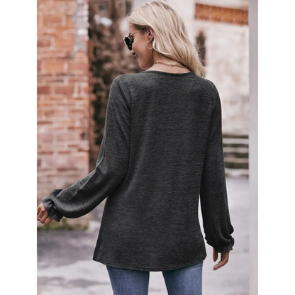 Double Take Long Flounce Sleeve Round Neck Blouse - Madi Gray Boutique