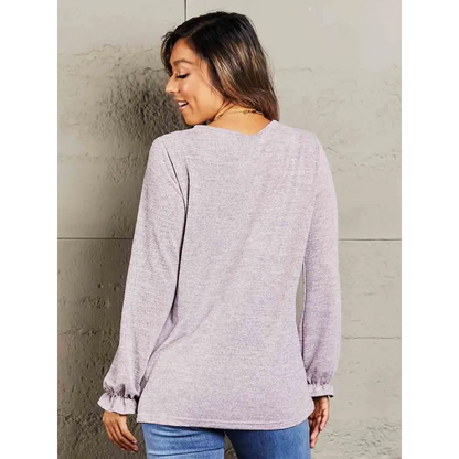 Double Take Long Flounce Sleeve Round Neck Blouse - Madi Gray Boutique