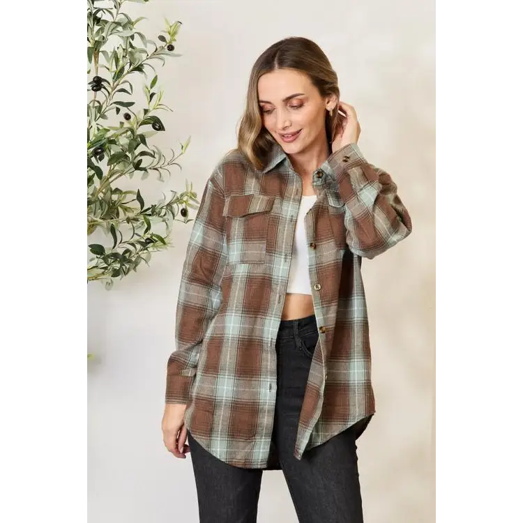 Double Take Plaid Dropped Shoulder Shirt - Madi Gray Boutique