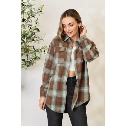 Double Take Plaid Dropped Shoulder Shirt - Madi Gray Boutique