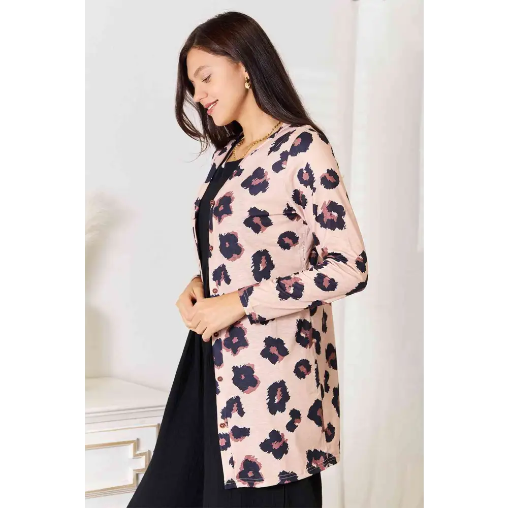 Double Take Printed Button Front Longline Cardigan - Tops