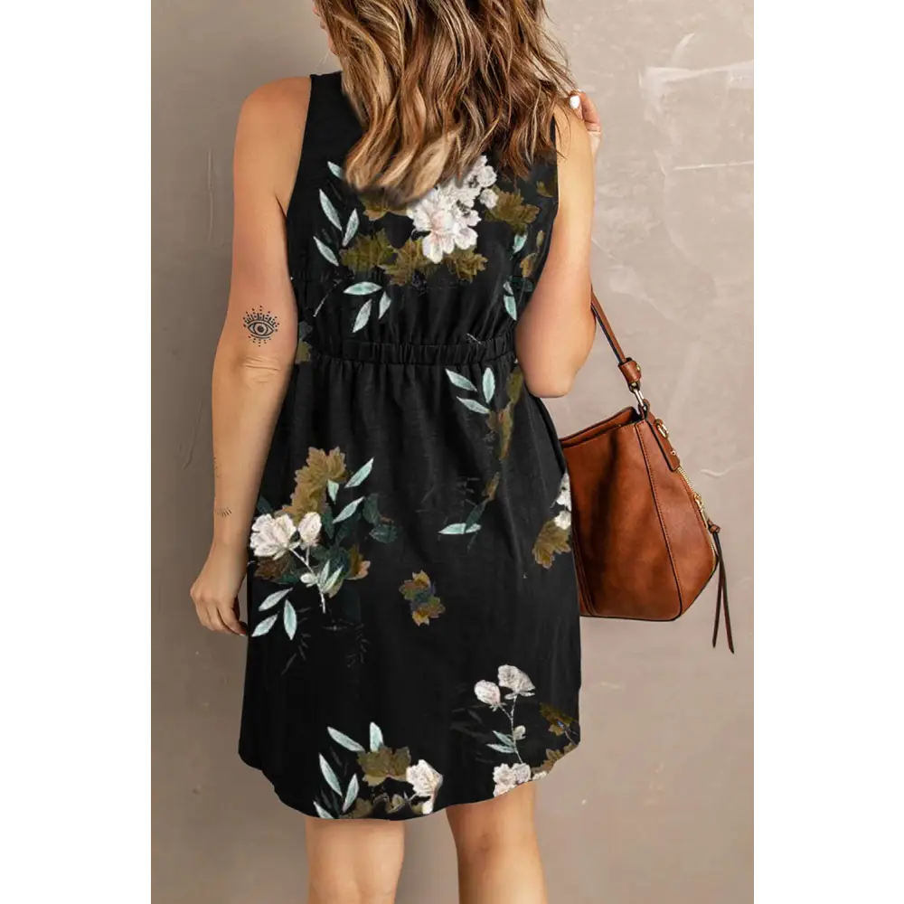 Double Take Printed Scoop Neck Sleeveless Buttoned Magic Dress with Pockets