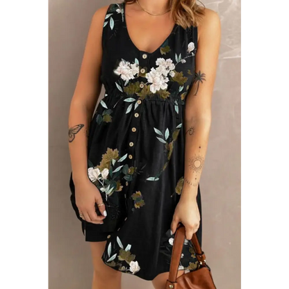 Double Take Printed Scoop Neck Sleeveless Buttoned Magic Dress with Pockets