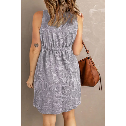 Double Take Printed Scoop Neck Sleeveless Buttoned Magic Dress with Pockets