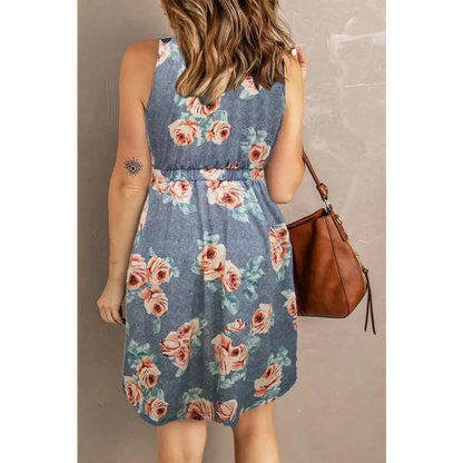 Double Take Printed Scoop Neck Sleeveless Buttoned Magic Dress with Pockets