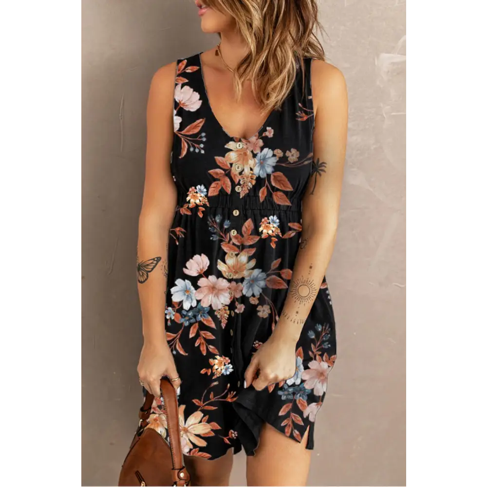 Double Take Printed Scoop Neck Sleeveless Buttoned Magic Dress with Pockets - Floral / S