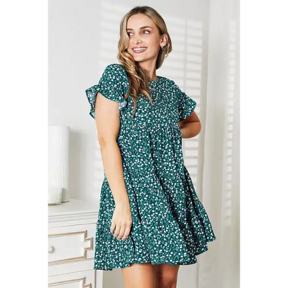 Double Take Short Flounce Sleeve Tiered Dress - Green / S