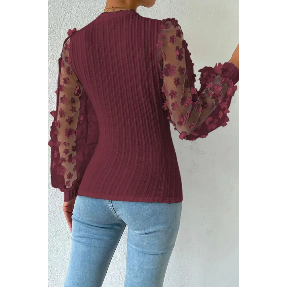 Double Take Textured Applique Long Sleeve Blouse