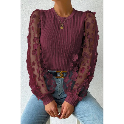 Double Take Textured Applique Long Sleeve Blouse