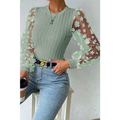 Double Take Textured Applique Long Sleeve Blouse